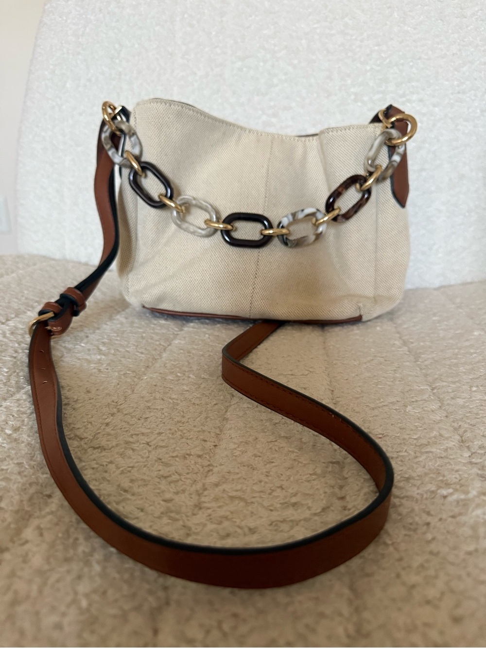 a new day Beige Canvas Crossbody with Brown Leather Strap & Mixed Chain